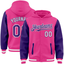 Load image into Gallery viewer, Custom Pink Purple-White Bomber Full-Snap Varsity Letterman Two Tone Hoodie Jacket
