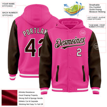 Load image into Gallery viewer, Custom Pink Brown-White Bomber Full-Snap Varsity Letterman Two Tone Hoodie Jacket
