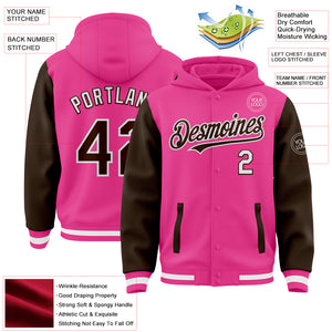 Custom Pink Brown-White Bomber Full-Snap Varsity Letterman Two Tone Hoodie Jacket