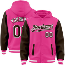 Load image into Gallery viewer, Custom Pink Brown-White Bomber Full-Snap Varsity Letterman Two Tone Hoodie Jacket
