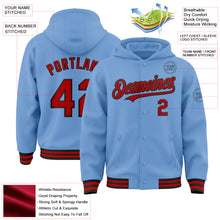 Load image into Gallery viewer, Custom Light Blue Red-Black Bomber Full-Snap Varsity Letterman Hoodie Jacket
