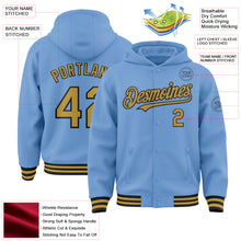 Load image into Gallery viewer, Custom Light Blue Old Gold-Black Bomber Full-Snap Varsity Letterman Hoodie Jacket
