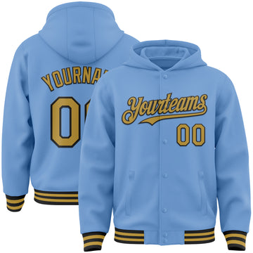 Custom Light Blue Old Gold-Black Bomber Full-Snap Varsity Letterman Hoodie Jacket