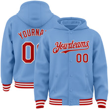 Load image into Gallery viewer, Custom Light Blue Red-White Bomber Full-Snap Varsity Letterman Hoodie Jacket
