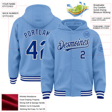 Load image into Gallery viewer, Custom Light Blue Royal-White Bomber Full-Snap Varsity Letterman Hoodie Jacket
