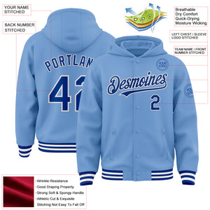 Custom Light Blue Royal-White Bomber Full-Snap Varsity Letterman Hoodie Jacket