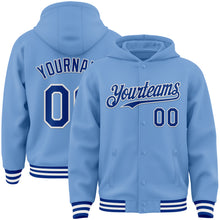 Load image into Gallery viewer, Custom Light Blue Royal-White Bomber Full-Snap Varsity Letterman Hoodie Jacket
