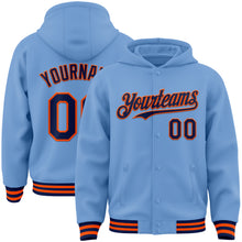 Load image into Gallery viewer, Custom Light Blue Navy-Orange Bomber Full-Snap Varsity Letterman Hoodie Jacket
