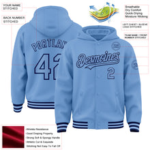 Load image into Gallery viewer, Custom Light Blue Navy Bomber Full-Snap Varsity Letterman Hoodie Jacket
