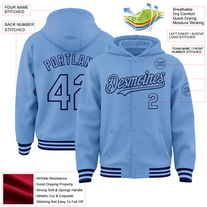 Custom Light Blue Navy Bomber Full-Snap Varsity Letterman Hoodie Jacket