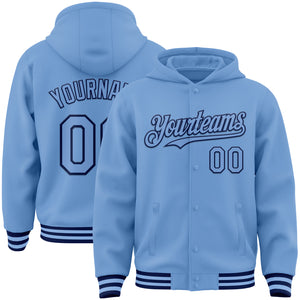 Custom Light Blue Navy Bomber Full-Snap Varsity Letterman Hoodie Jacket