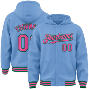 Custom Light Blue Pink-Kelly Green Bomber Full-Snap Varsity Letterman Hoodie Jacket