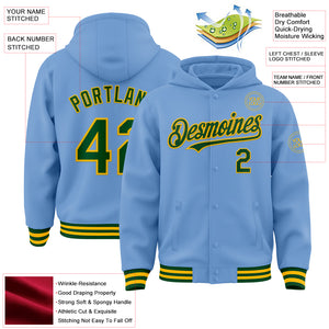 Custom Light Blue Green-Gold Bomber Full-Snap Varsity Letterman Hoodie Jacket