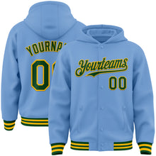 Load image into Gallery viewer, Custom Light Blue Green-Gold Bomber Full-Snap Varsity Letterman Hoodie Jacket
