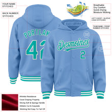 Load image into Gallery viewer, Custom Light Blue Aqua-White Bomber Full-Snap Varsity Letterman Hoodie Jacket
