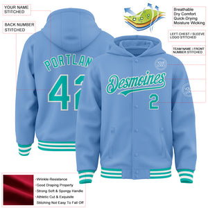 Custom Light Blue Aqua-White Bomber Full-Snap Varsity Letterman Hoodie Jacket