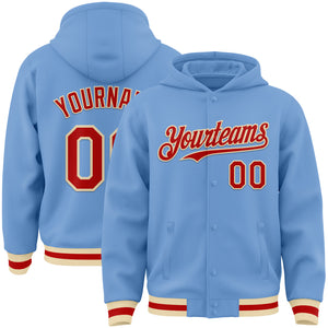 Custom Light Blue Red-Cream Bomber Full-Snap Varsity Letterman Hoodie Jacket