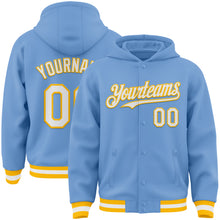 Load image into Gallery viewer, Custom Light Blue White-Gold Bomber Full-Snap Varsity Letterman Hoodie Jacket
