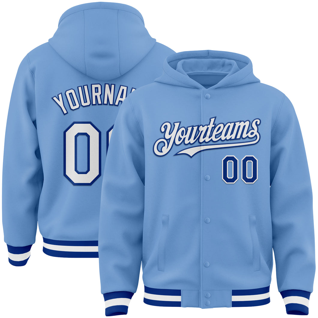 Custom Light Blue White-Royal Bomber Full-Snap Varsity Letterman Hoodie Jacket