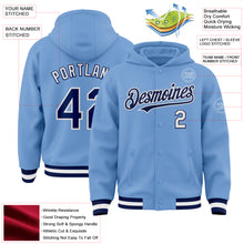 Load image into Gallery viewer, Custom Light Blue Navy-White Bomber Full-Snap Varsity Letterman Hoodie Jacket
