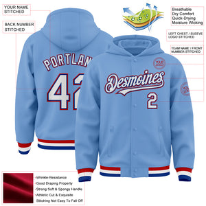 Custom Light Blue Royal-Red Bomber Full-Snap Varsity Letterman Hoodie Jacket