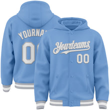 Load image into Gallery viewer, Custom Light Blue White-Gray Bomber Full-Snap Varsity Letterman Hoodie Jacket
