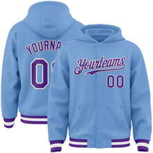 Load image into Gallery viewer, Custom Light Blue Purple-White Bomber Full-Snap Varsity Letterman Hoodie Jacket
