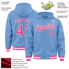 Load image into Gallery viewer, Custom Light Blue Pink-White Bomber Full-Snap Varsity Letterman Hoodie Jacket
