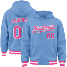 Load image into Gallery viewer, Custom Light Blue Pink-White Bomber Full-Snap Varsity Letterman Hoodie Jacket
