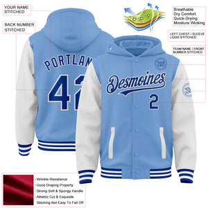 Custom Light Blue Royal-White Bomber Full-Snap Varsity Letterman Two Tone Hoodie Jacket