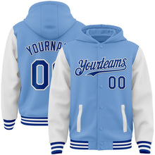 Load image into Gallery viewer, Custom Light Blue Royal-White Bomber Full-Snap Varsity Letterman Two Tone Hoodie Jacket
