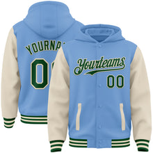 Load image into Gallery viewer, Custom Light Blue Green-Cream Bomber Full-Snap Varsity Letterman Two Tone Hoodie Jacket
