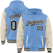 Load image into Gallery viewer, Custom Light Blue Black-Cream Bomber Full-Snap Varsity Letterman Two Tone Hoodie Jacket
