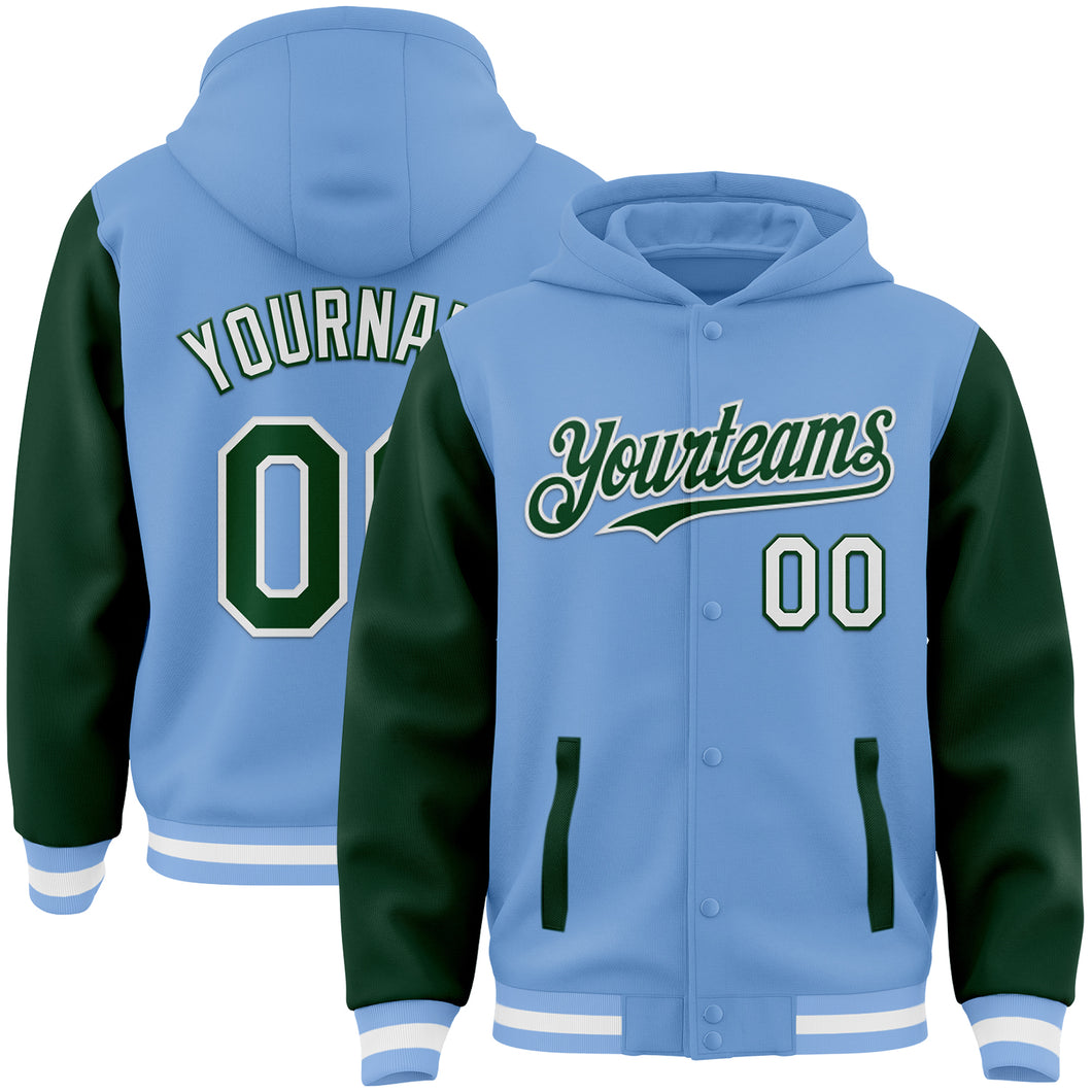 Custom Light Blue Green-White Bomber Full-Snap Varsity Letterman Two Tone Hoodie Jacket