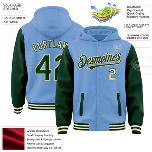 Custom Light Blue Green-Cream Bomber Full-Snap Varsity Letterman Two Tone Hoodie Jacket