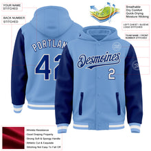 Load image into Gallery viewer, Custom Light Blue Royal-White Bomber Full-Snap Varsity Letterman Two Tone Hoodie Jacket
