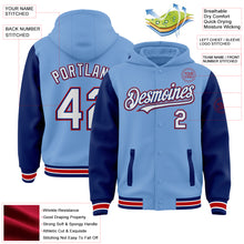 Load image into Gallery viewer, Custom Light Blue Royal-Red Bomber Full-Snap Varsity Letterman Two Tone Hoodie Jacket
