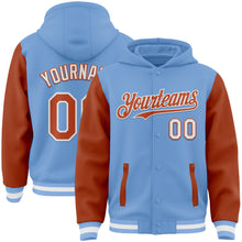 Load image into Gallery viewer, Custom Light Blue Texas Orange-White Bomber Full-Snap Varsity Letterman Two Tone Hoodie Jacket
