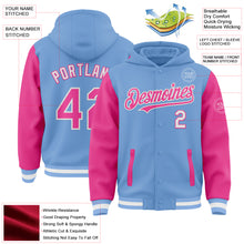 Load image into Gallery viewer, Custom Light Blue Pink-White Bomber Full-Snap Varsity Letterman Two Tone Hoodie Jacket
