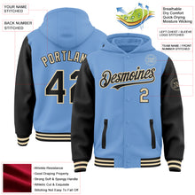 Load image into Gallery viewer, Custom Light Blue Black-Cream Bomber Full-Snap Varsity Letterman Two Tone Hoodie Jacket
