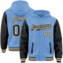 Load image into Gallery viewer, Custom Light Blue Black-Cream Bomber Full-Snap Varsity Letterman Two Tone Hoodie Jacket
