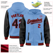 Load image into Gallery viewer, Custom Light Blue Black-Red Bomber Full-Snap Varsity Letterman Two Tone Hoodie Jacket
