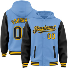 Load image into Gallery viewer, Custom Light Blue Black-Gold Bomber Full-Snap Varsity Letterman Two Tone Hoodie Jacket
