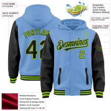 Load image into Gallery viewer, Custom Light Blue Black-Neon Green Bomber Full-Snap Varsity Letterman Two Tone Hoodie Jacket
