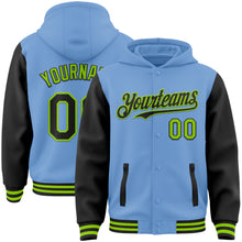 Load image into Gallery viewer, Custom Light Blue Black-Neon Green Bomber Full-Snap Varsity Letterman Two Tone Hoodie Jacket
