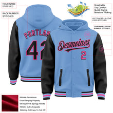 Load image into Gallery viewer, Custom Light Blue Black-Pink Bomber Full-Snap Varsity Letterman Two Tone Hoodie Jacket
