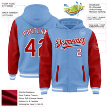 Load image into Gallery viewer, Custom Light Blue Red-White Bomber Full-Snap Varsity Letterman Two Tone Hoodie Jacket
