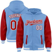 Load image into Gallery viewer, Custom Light Blue Red-White Bomber Full-Snap Varsity Letterman Two Tone Hoodie Jacket
