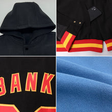 Load image into Gallery viewer, Custom Light Blue Red-Black Bomber Full-Snap Varsity Letterman Two Tone Hoodie Jacket
