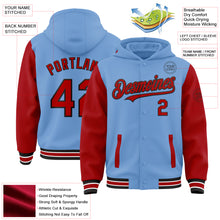 Load image into Gallery viewer, Custom Light Blue Red-Black Bomber Full-Snap Varsity Letterman Two Tone Hoodie Jacket
